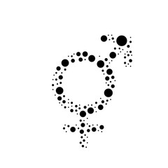 A large bigender symbol in the center made in pointillism style. The center symbol is filled with black circles of various sizes. Vector illustration on white background