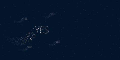 Fototapeta na wymiar A yes symbol filled with dots flies through the stars leaving a trail behind. Four small symbols around. Empty space for text on the right. Vector illustration on dark blue background with stars