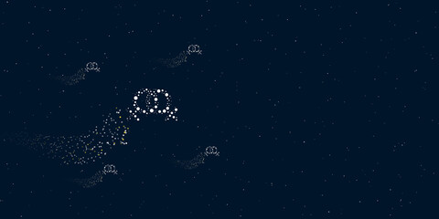 A lesbian symbol filled with dots flies through the stars leaving a trail behind. Four small symbols around. Empty space for text on the right. Vector illustration on dark blue background with stars