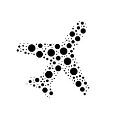 A large plane symbol in the center made in pointillism style. The center symbol is filled with black circles of various sizes. Vector illustration on white background