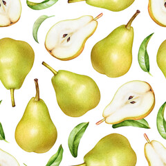 Seamless pattern of watercolor pears and green leaves