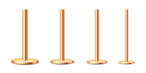 Realistic metal poles collection isolated on white background. Glossy bronze pipes of various diameters. Billboard or advertising banner mount, holder. Vector illustration.