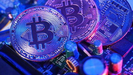 Bitcoin and semiconductor. Represent mining in Cryptocurrency cause global warming. Bitcoins on CPU board. Close-up Bitcoin with blue and pink light. circuit board with coin. Online asset concept. 