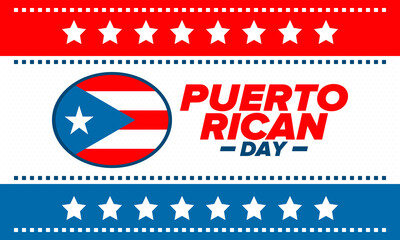 Puerto Rican Day. National happy holiday. Festival and parade in honor of independence and freedom. Puerto Rico flag. Latin american country. Patriotic elements. Vector poster illustration
