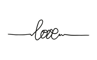 The word love - written by hand lettering in one black line. Vector illustration