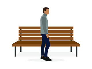 Male character stands near a bench on a white background