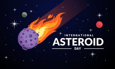 Vector illustration, Asteroid rock flying in space. great template for space design, or International Asteroid Day. Asteroid impact, end of the world.