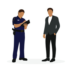 Police officer in uniform writing on a sheet of paper and a male character in business clothes  together on a white background