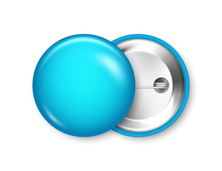 Realistic blue blank badge isolated on white background. Glossy 3D round button. Pin badge, brooch mockup for product promotion and advertising. Vector illustration.