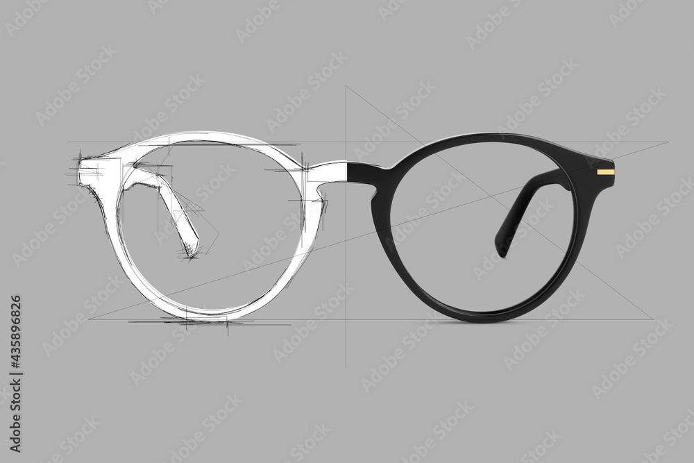 Wall mural design sketch draft black color eye glasses isolated on gray background, ideal photo for display or 