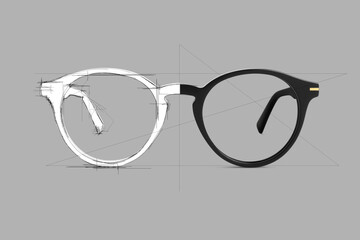 Design sketch draft black color eye glasses isolated on gray background, ideal photo for display or advertising sign or for a web banner - obrazy, fototapety, plakaty