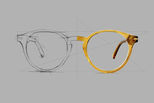 Design sketch draft beige color eye glasses isolated on gray background, ideal photo for display or advertising sign or for a web banner