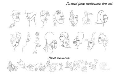 Abstract illustration set of female women faces in modern minimalist continuous line art style.Drawing. Beauty and fashion concept.Isolated surreal faces and portraits.Collection.Hand draw
