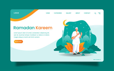 Landing Page - Ramadan Mubarak A man pray to god with green background.	

