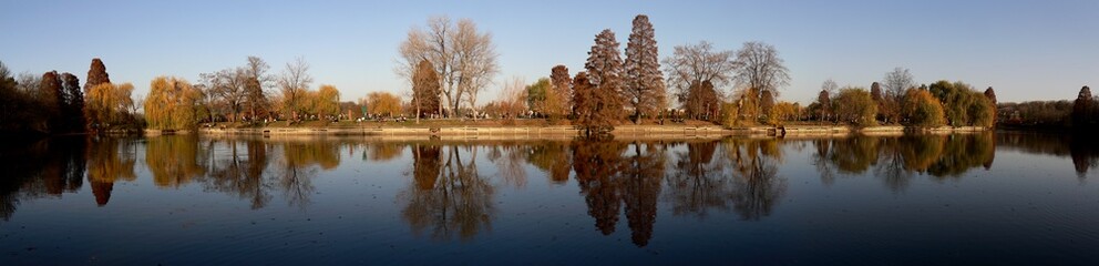 Panoramic view of Cismigiu Park in Bucharest, Romania. Travel and Holiday concept.