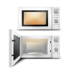 Vector 3d realistic microwave oven with light, timer and empty glass plate inside front view isolated on white background. Home appliance with open and close door to heat and defrost food, for cooking