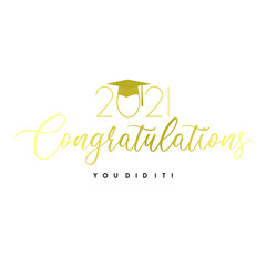 An abstract illustration of Congratulations Graduates, Class of 2021 on a white background