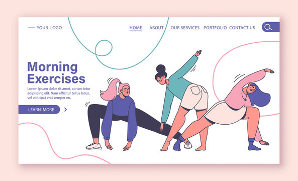 Concept for web page, landing page, web design. Healthy lifestyle, exercise in the morning. Female characters in modern flat style with outline, go in for sports, fitness, yoga, workout.