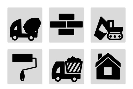 A set of icons for construction, industrial business, and professional tools. Engineering or construction technologies. Illustration of the design on a gray background, icons for applications.