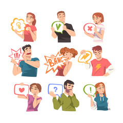 Young Men and Women Holding Speech Chat Bubbles in their Hands Set, People Communicating, Messaging, Chatting Cartoon Vector Illustration