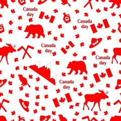 Canada day. Seamless pattern with maple, flag, moose and hat, beaver and bear, mountains, maple syrup. Vector illustration isolated on white background. Seamless background. © Valentina