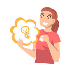 Girl Holding Speech Chat Bubble with Light Bulb Sign in her Hands, People Communicating, Messaging, Chatting Cartoon Vector Illustration
