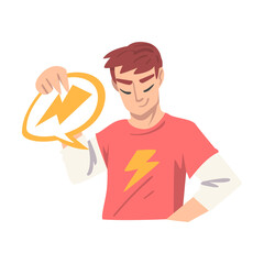 Young Man Holding Speech Chat Bubble with Lightning Sign in his Hands, People Communicating, Messaging, Chatting Cartoon Vector Illustration