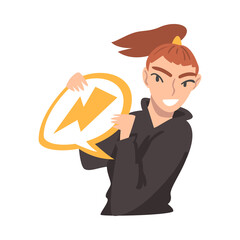 Girl Holding Speech Chat Bubble with Lightning Sign in her Hands, People Communicating, Messaging, Chatting Cartoon Vector Illustration