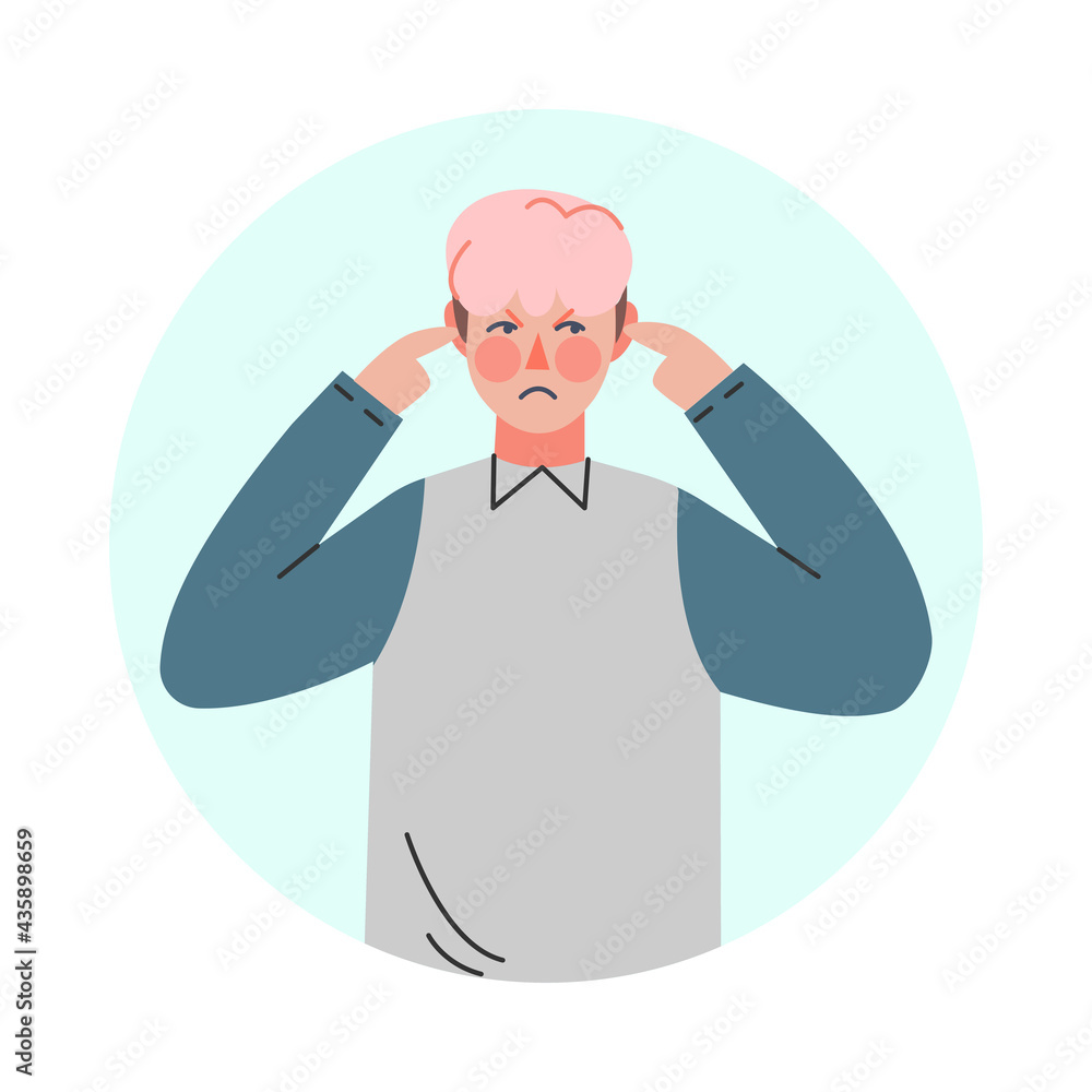 Sticker Young Man Making Negative Hand Gesture Closing His Ears in Circular Frame Vector Illustration