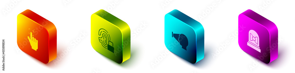 Poster set isometric fingerprint, with lock, face recognition and motion sensor icon. vector