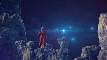 Astronaut auf Felsen mit Aussicht auf Sternenhimmel | Science Fiction / Retro-Scifi Szene | 3D Render Illustration