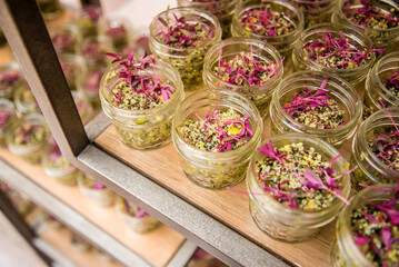 Small salads with quinoa wild rice and purple cabbage garnish. Asian food