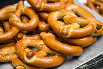 Soft pretzels fresh on a tray for conference attendees