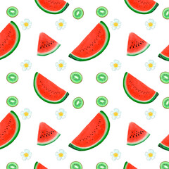 Digital watermelon and kiwi seamless pattern with white flowers. Tropical wallpaper on a white background.