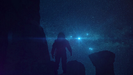 Astronaut auf Felsen mit Aussicht auf Sternenhimmel   Science Fiction / Retro-Scifi Szene   3D Render Illustration © Jacqueline Weber