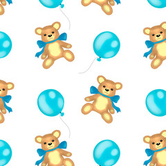 Digital art.Blue balloon and Bear on a white background.