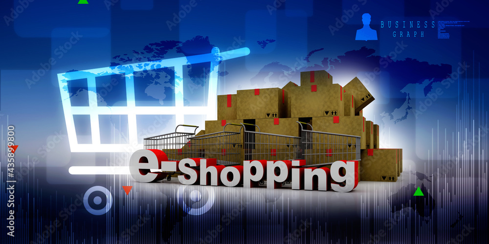 Poster 3d illustration Shopping Cart with internet shopping
