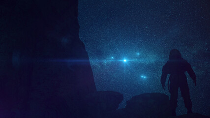 Astronaut auf Felsen mit Aussicht auf Sternenhimmel   Science Fiction / Retro-Scifi Szene   3D Render Illustration © Jacqueline Weber