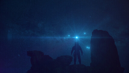 Astronaut auf Felsen mit Aussicht auf Sternenhimmel   Science Fiction / Retro-Scifi Szene   3D Render Illustration © Jacqueline Weber