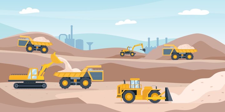 Quarry landscape. Sand pit with heavy mining equipment, bulldozer, digger, trucks, excavator and factory. Open mine industry vector concept