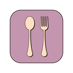 Colored food icon, spoon and fork. Retro style, flat, vector, isolated.