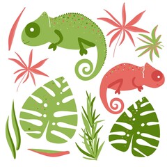 Chameleons are green and pink in color and tropical leaves. Cartoon sticker set for kids with chameleons and tropical leaves.