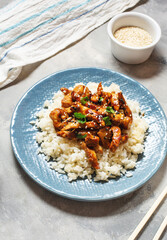 Homemade sesame Chicken served with Jasmine white rice