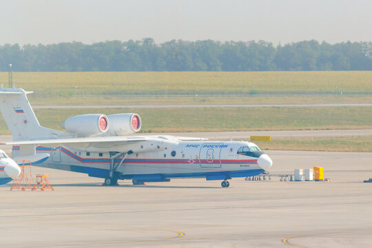 Russia, Rostov-on-Don - August 19, 2020: Ministry of Emergency Situations (MChS) russian amphibious aircraft BE-200ES Altair parked on airport apron. Natural Disasters Theme. Illustrative editorial.