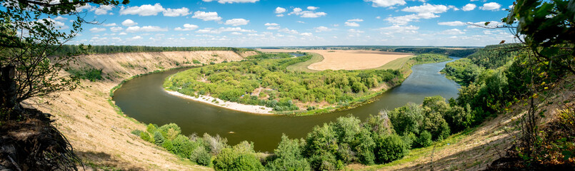 Fototapeta na wymiar Panoramic view of valley with beautiful river Don, high sand hills and forest, nature summer landscape, Krivoborie in Voronezh Region, Russia