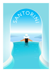 Santorini. Girl's back in the pool in the resort of Santorini. Horizon and the Aegean Sea. Vector illustration