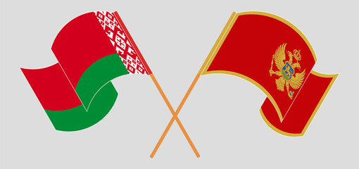 Crossed and waving flags of Belarus and Montenegro