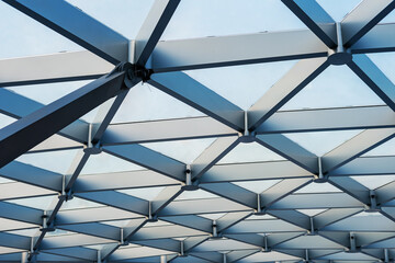 Triangular Metal and Glass Greenhouse Pavilion’s Roof Structure. Modern Architecture. Moscow, Zaryadye Park.