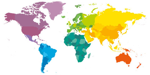 Fototapeta na wymiar Colorful political map of World. Different colour shade of each continent. Blank map without labels. Simple flat vector map.