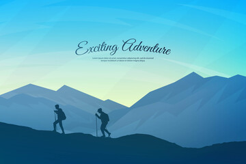Vector background with tourists. Travel concept of discovering, exploring and observing nature. Hiking. Travelers climb with backpack and travel walking sticks. Website template. Flat blue landscape